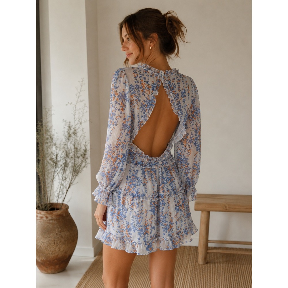 Floral Open Back Ruffle Mini Dress Cottagecore Boho Long Sleeve Women's Large - Picture 2 of 11